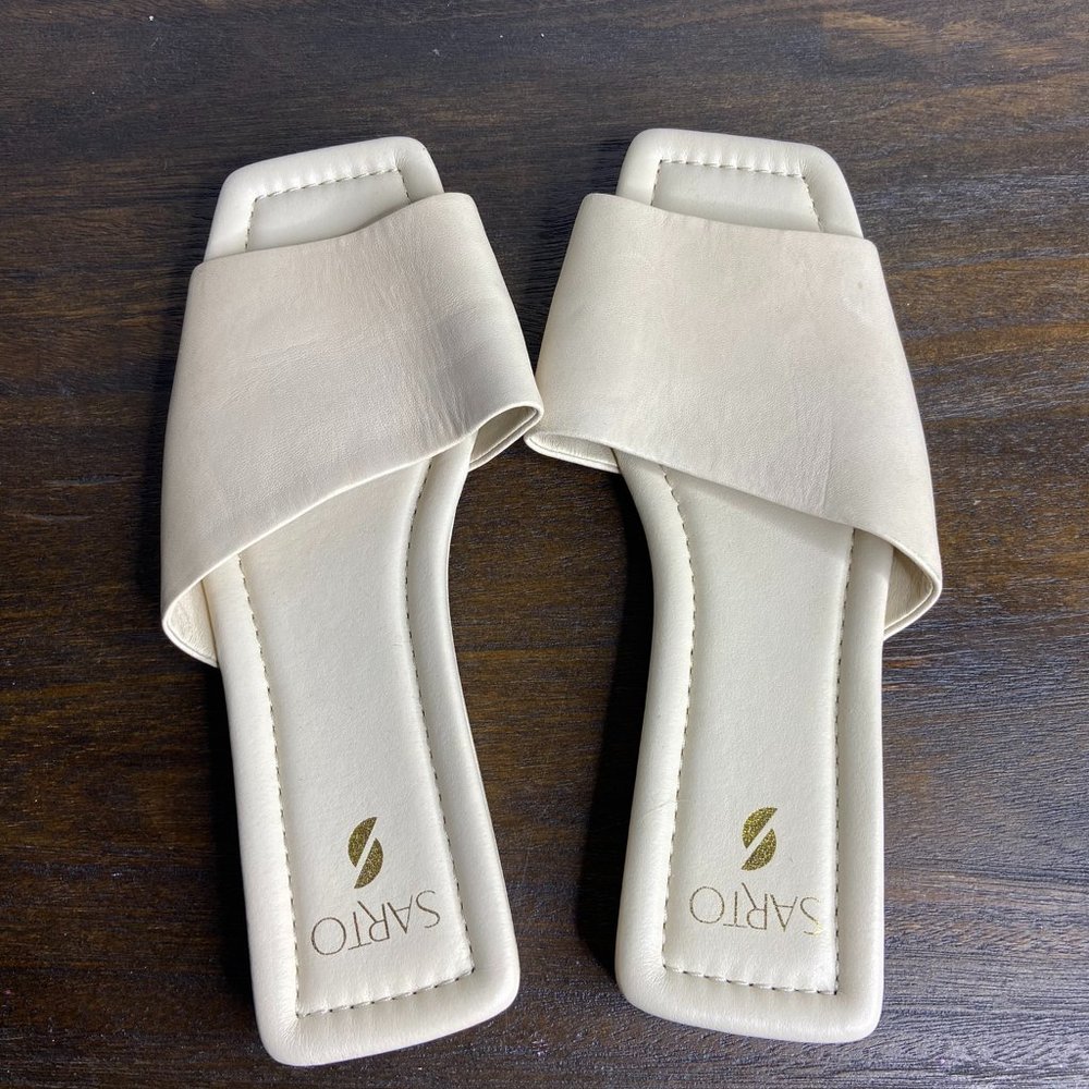 Sarto Cream Asymmetrical Front Square Toe Bordo Slide Sandals